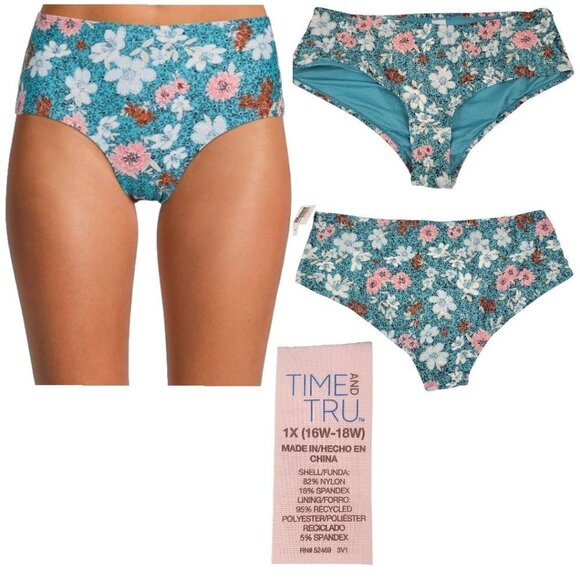 Time & Tru Mid-Rise Cheeky Tropical Floral Print Boyshort Swim Bottom - Size 1X - Picture 1 of 14